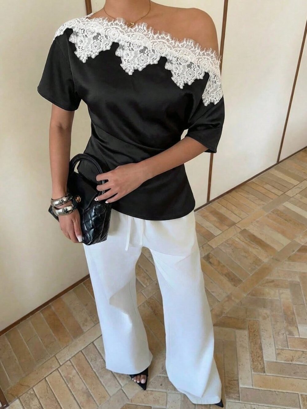 Black Casual Women's Lace Patchwork Satin Blouse